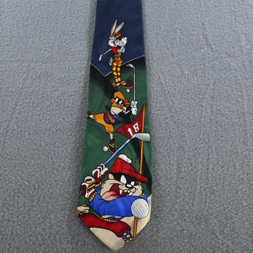 Looney Tunes Mens Vintage 1996 Golf Characters Silk Tie OS Navy Green Multi
